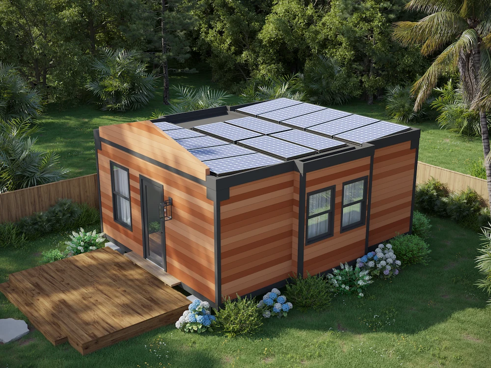 Mesocore ADU with solar panels installed in a backyard, viewed from a 3/4 angle