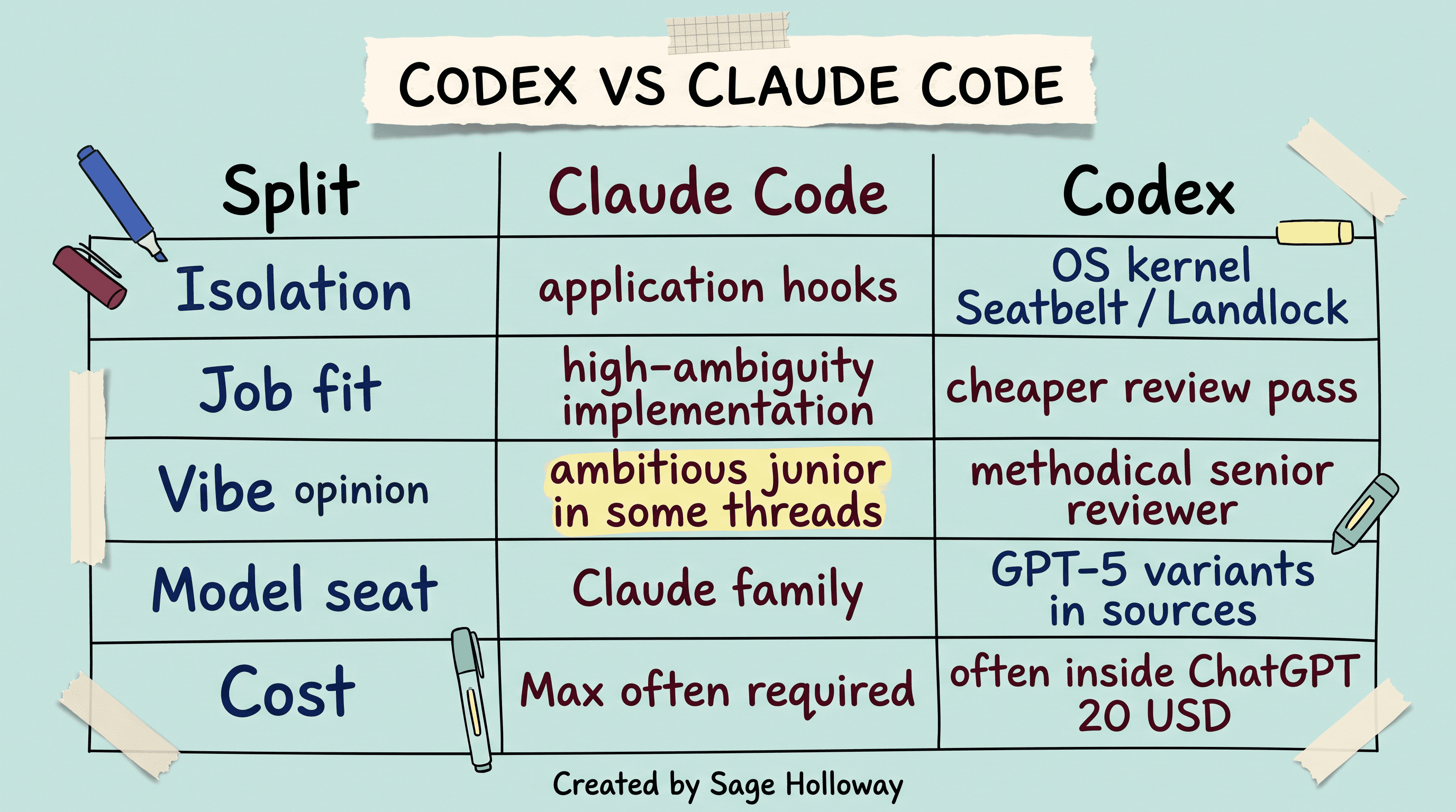 Comparison table of Codex CLI vs Claude Code on sandbox, review role, and model seat