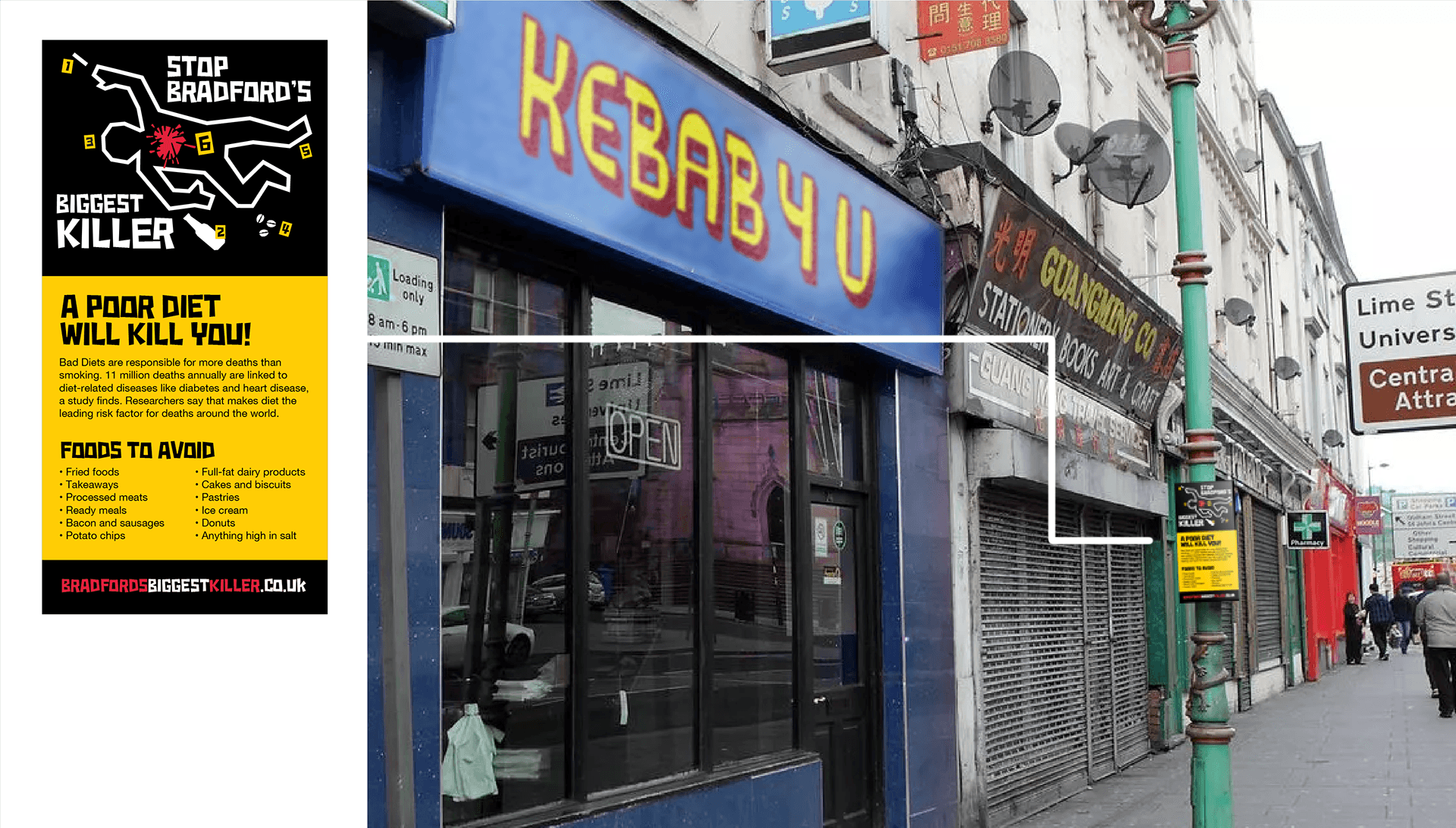 Stop Bradford's Biggest Killer Billboard Advertising campaign showing placement of poster near takeaways
