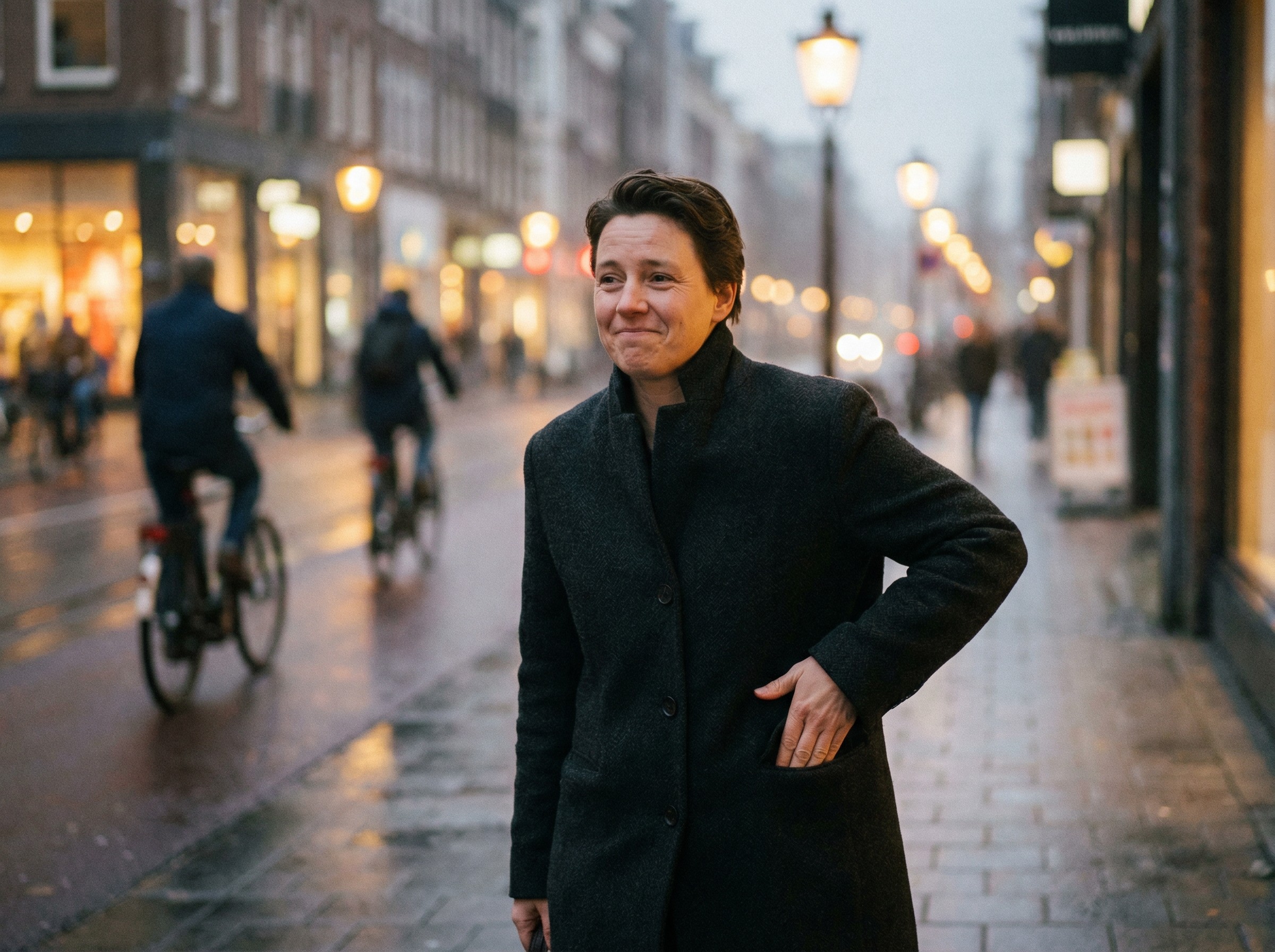 Am frühen Abend blickt eine Person auf ihr vibrierendes Smartphone in der Manteltasche, ohne den Bildschirm zu zeigen. Im Hintergrund leuchten Straßenlaternen, die Stimmung ist ruhig. Ein kurzer Moment der Erleichterung wird sichtbar, weil ein freier Termin in Aussicht steht. Alles wirkt unkompliziert und zeitnah.