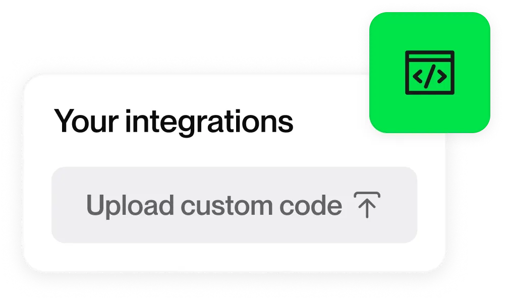 Integration settings panel with a green code icon and button labeled “Upload custom code.”