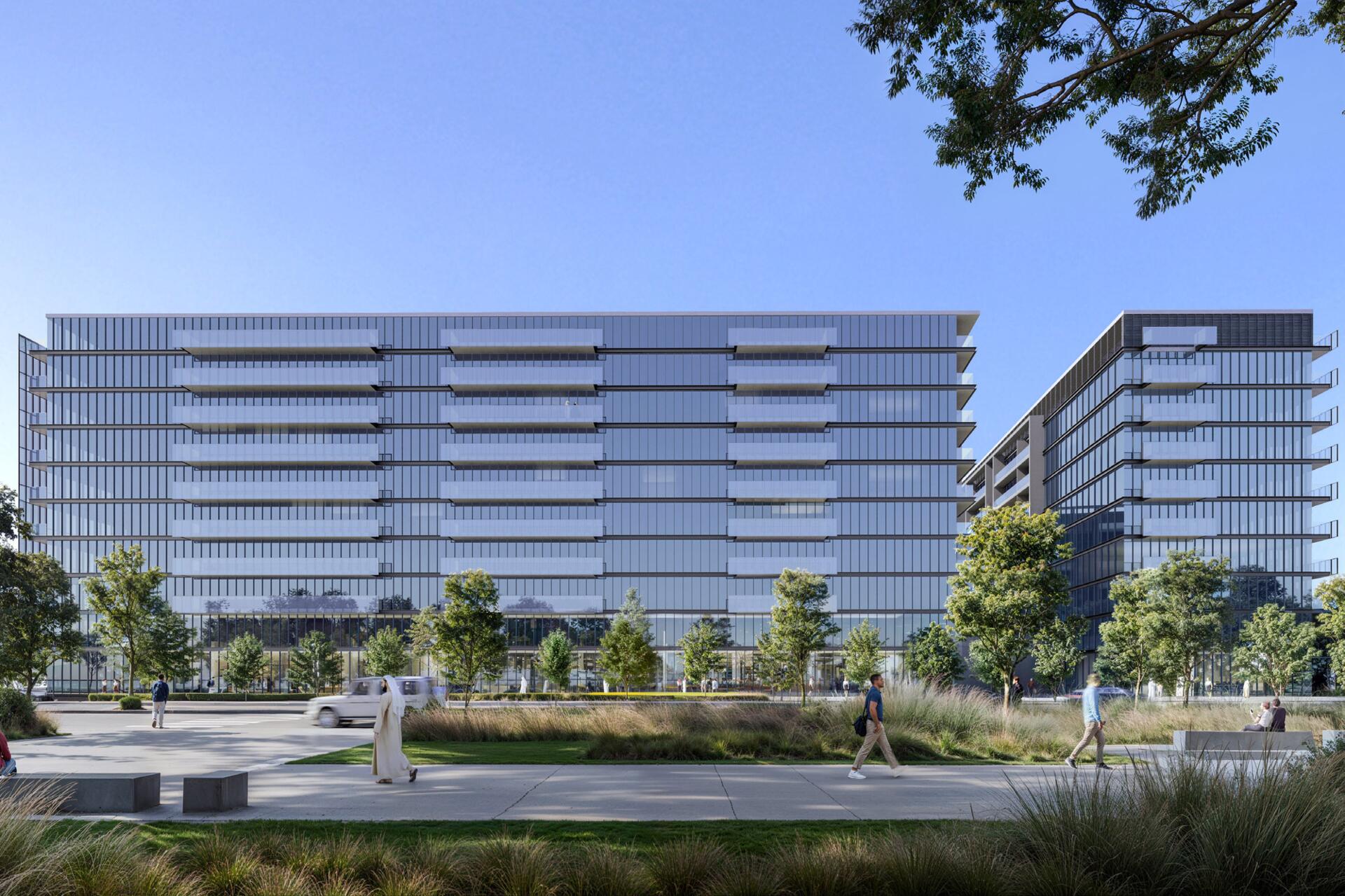  A view of The Gate 5, the new office building , highlighting its sleek design and modern aesthetics.