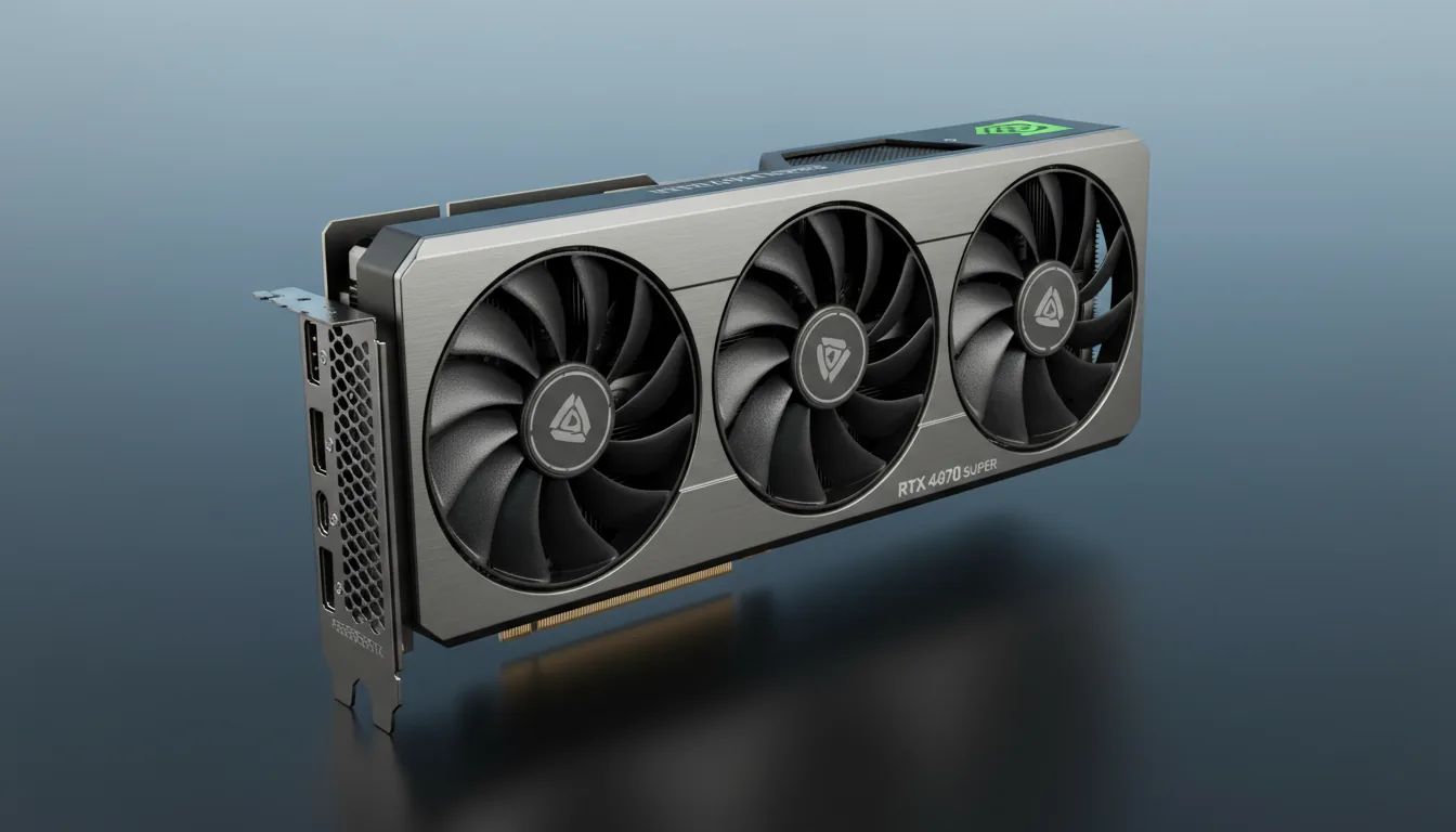 DSLR product shot of an NVIDIA RTX 4070 SUPER graphics card, angled diagonally on a matte black surface. The background is a clean, seamless, light blue-grey studio backdrop. Soft studio lighting creates even illumination and gentle highlights on the gunmetal grey and textured black shroud. Sharp focus across the entire card, capturing the detail of the large cooling fan and the metal I/O bracket.