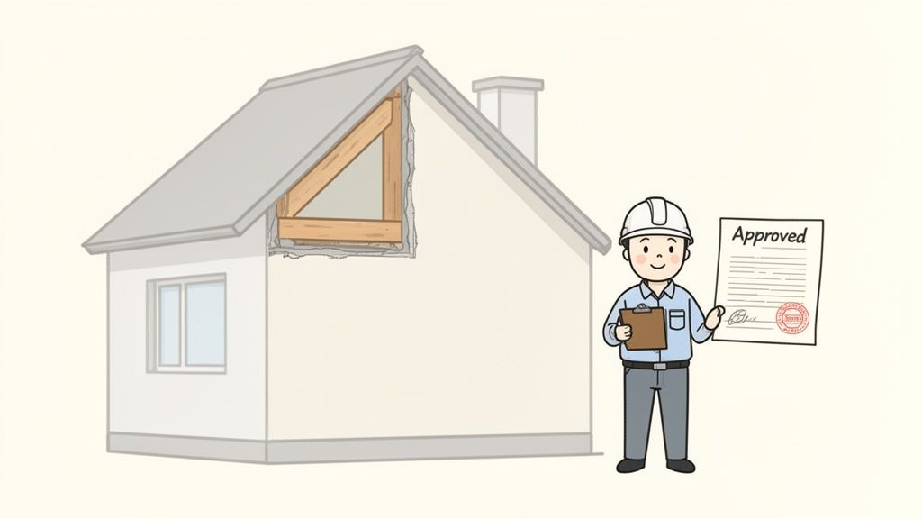 A cartoon construction worker holding an 'Approved' document stands beside a house with exposed attic framing.
