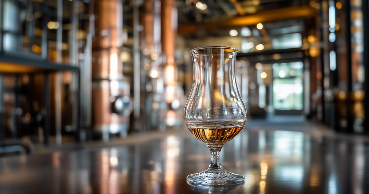 whiskey tasting in manchester at a distillery, glass with whisky in foreground, distillery in background.