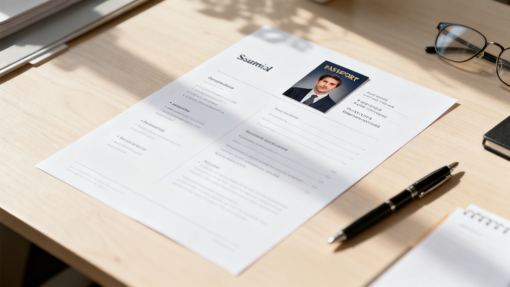 Lebenslauf mit Passfoto auf Holzschreibtisch, daneben Brille und Stift, ideal für Bewerbungsunterlagen.