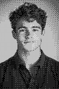 Pixel art portrait of a young person with curly hair and a neutral expression, wearing a dark shirt. The image is composed of intricate black and white patterns.