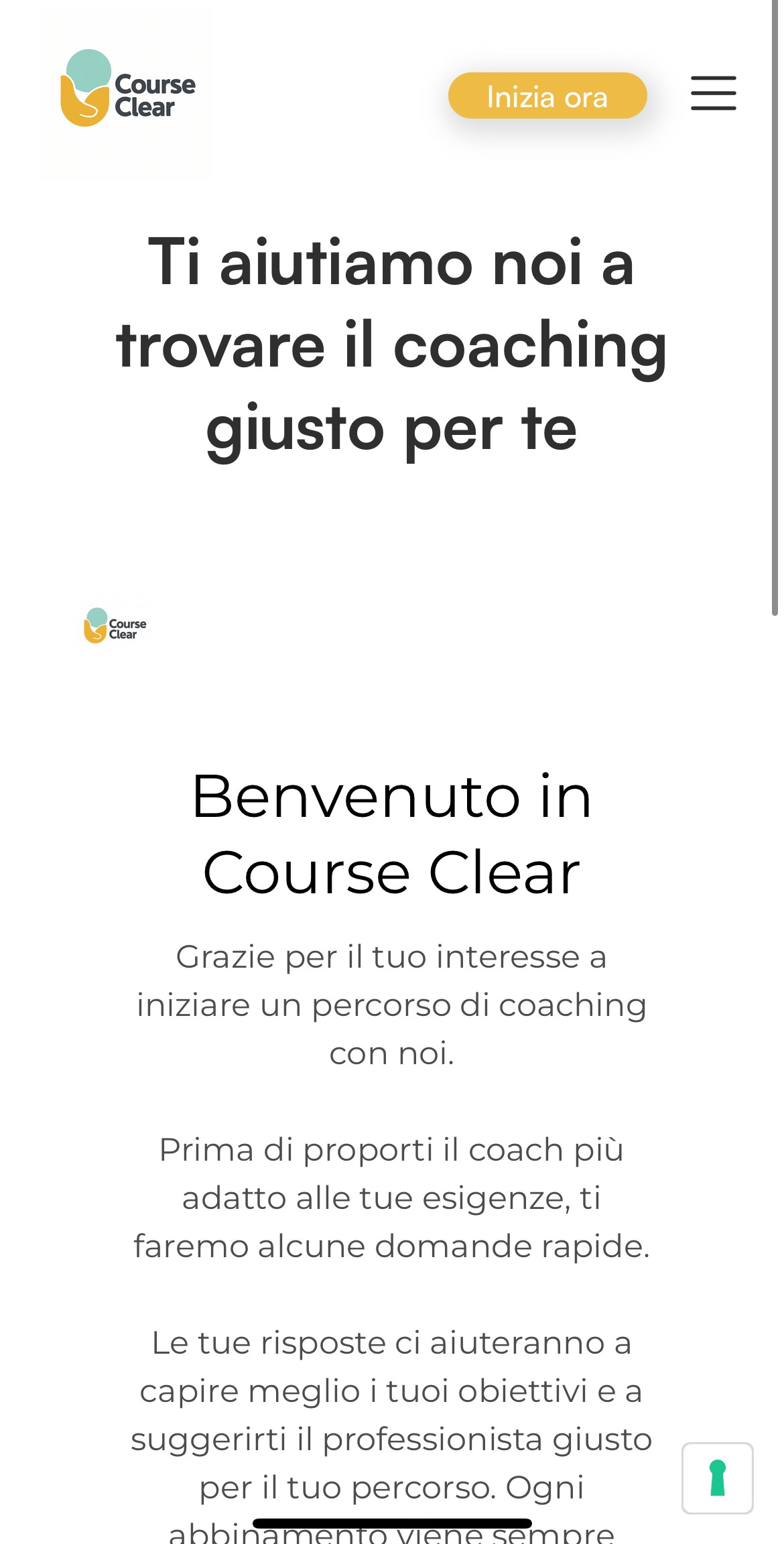 Interfaccia mobile del sito Course Clear che mostra il messaggio di benvenuto e l’avvio del questionario per trovare la soluzione formativa più adatta all’utente.