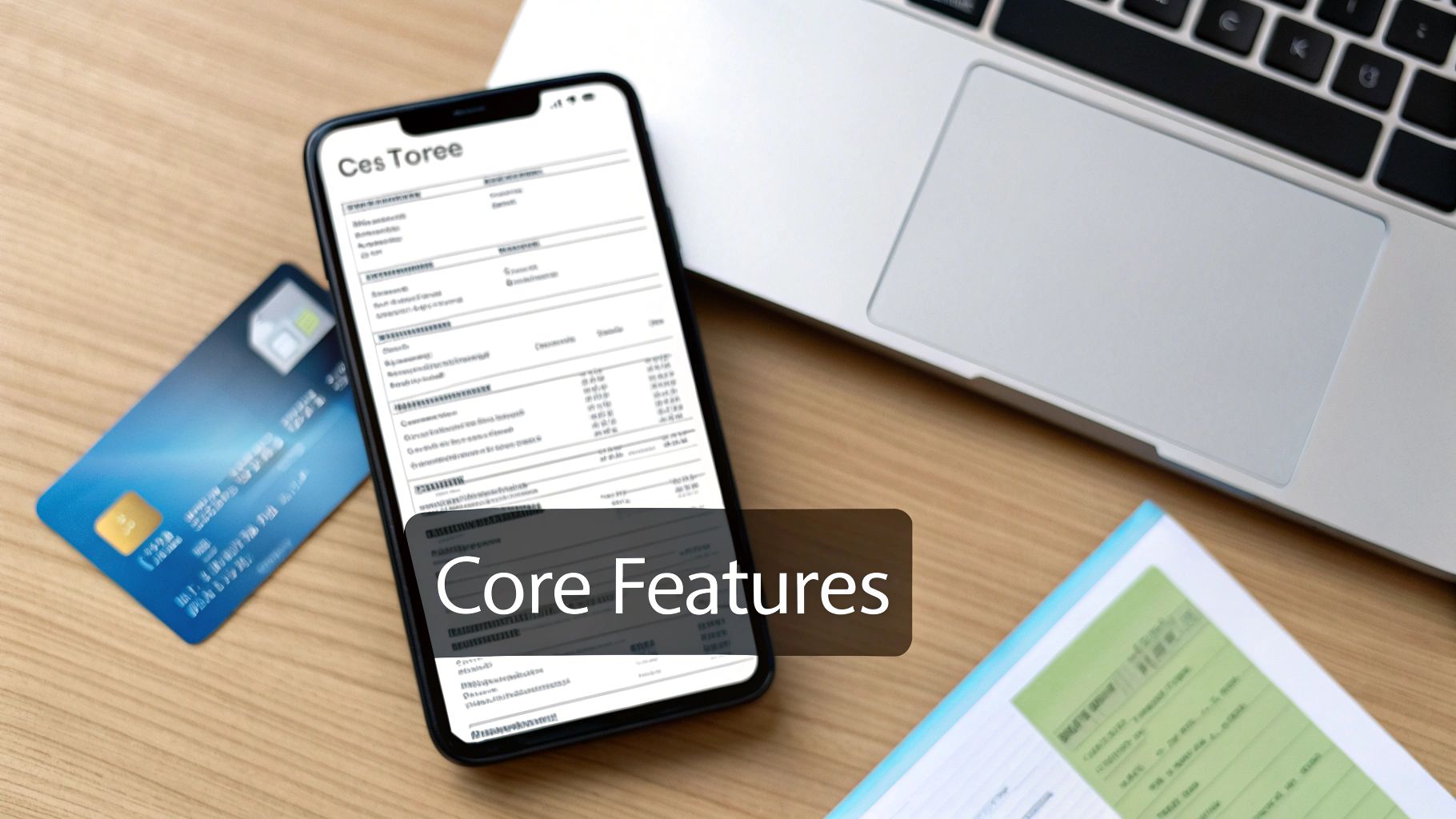 Overhead view of a smartphone displaying a document, a credit card, and a laptop on a wooden desk with 'Core Features' text.