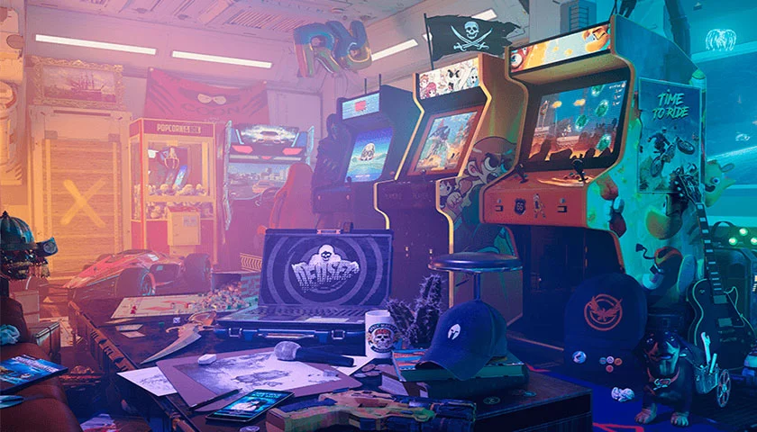 Décor d'un jeu PopCorn Garage, une salle d'arcade futuriste rempli de références gaming à retrouver.