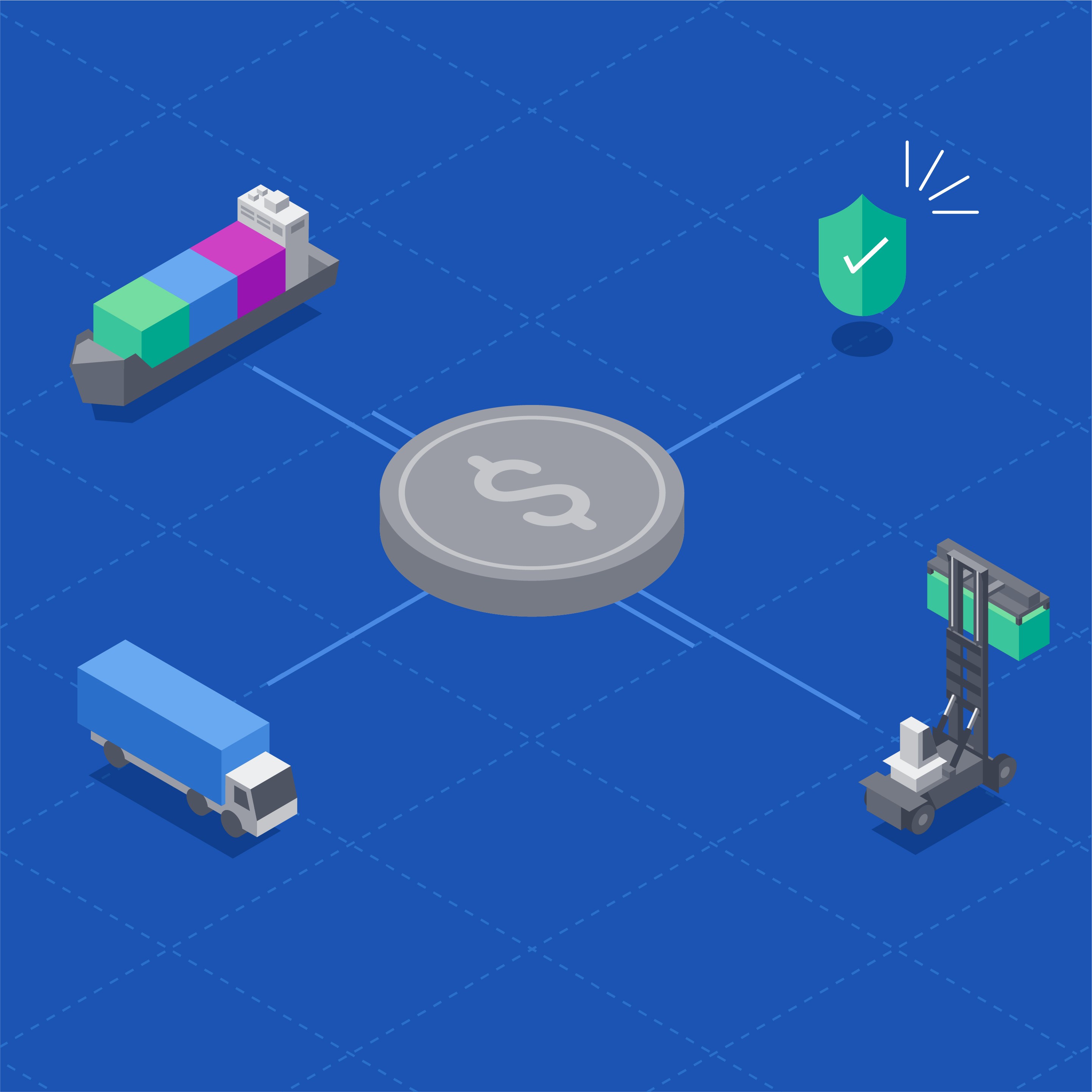 Isometric illustration with the revenue symbolised as a coin in the center and logistics symbolised by different cargo illustrations around the coin.