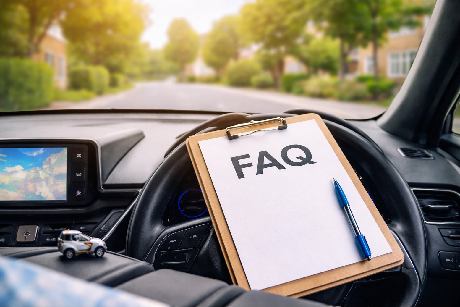 Clipboard with “FAQ” on a steering wheel inside a car, with a residential road ahead, representing driving lesson questions.