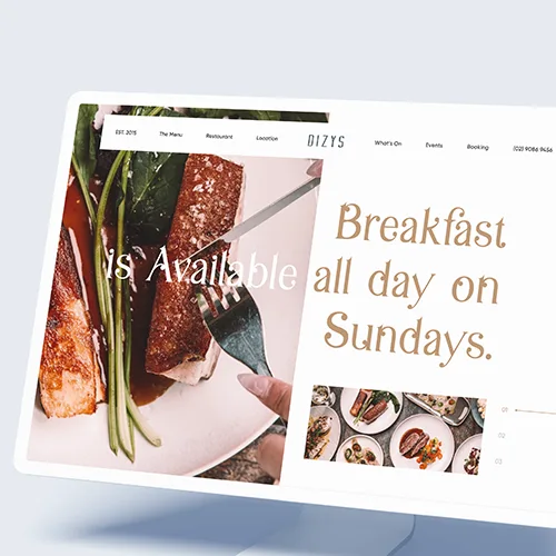 Restaurant landing page design showcasing breakfast menu and elegant food photography
