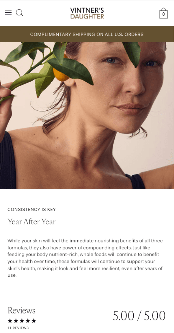 Mobile skincare brand storytelling section