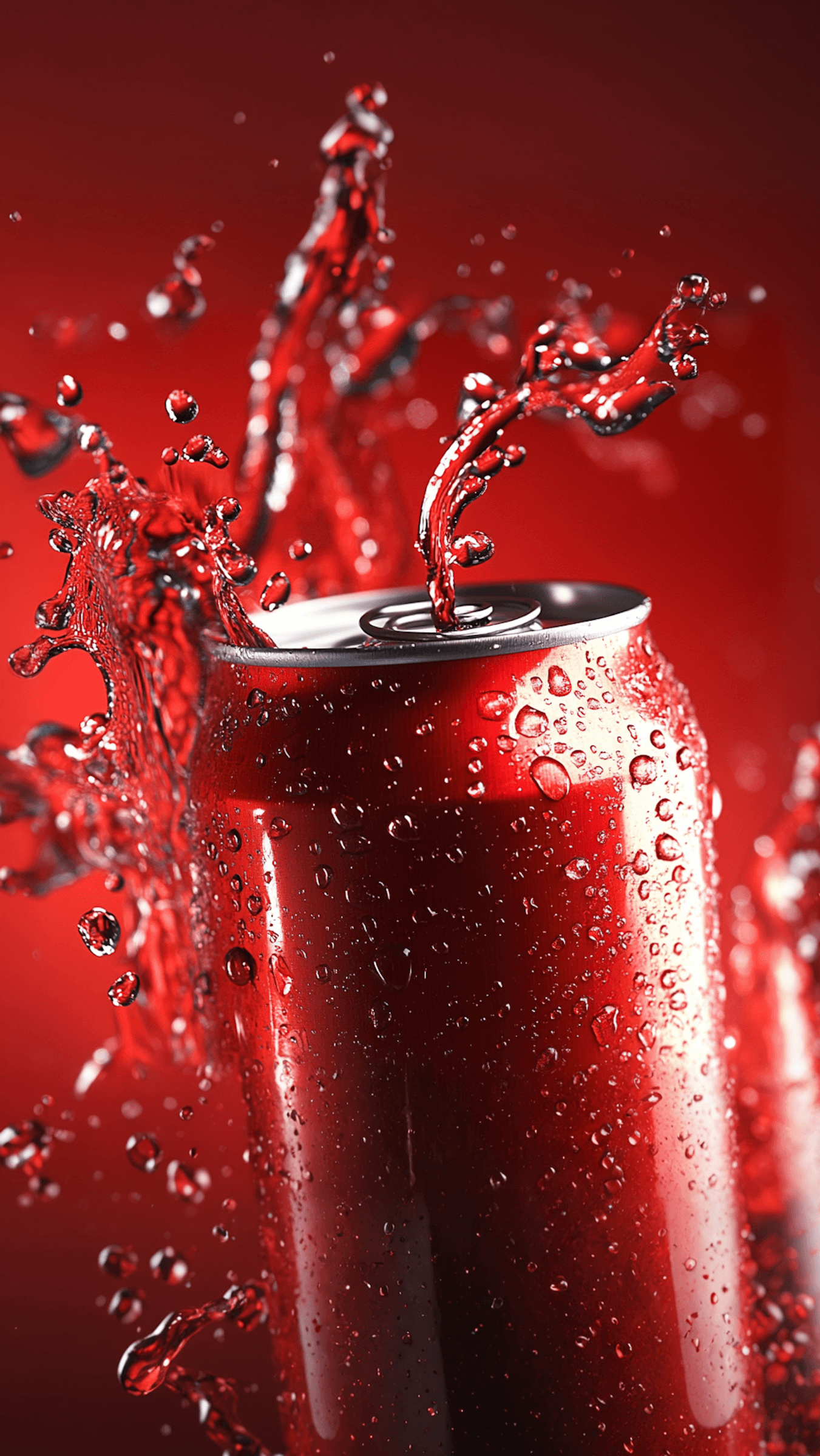 A red beverage can with liquid splashing out against a red background, creating a dynamic and energetic scene.