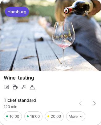 Booking view from the booking system of a wine tasting. The tour lasts 120 minutes and is available at various times.