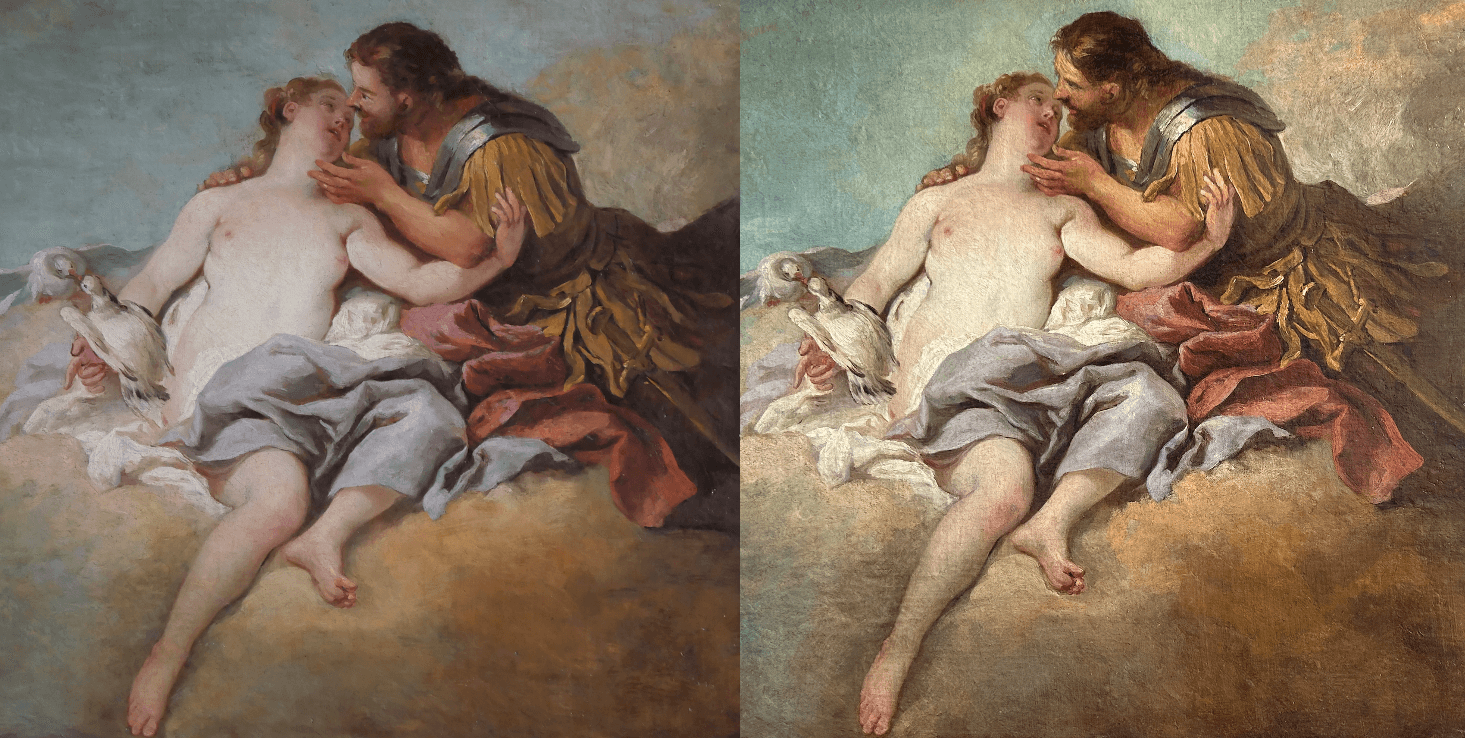 two people looking at a tablet and smiling