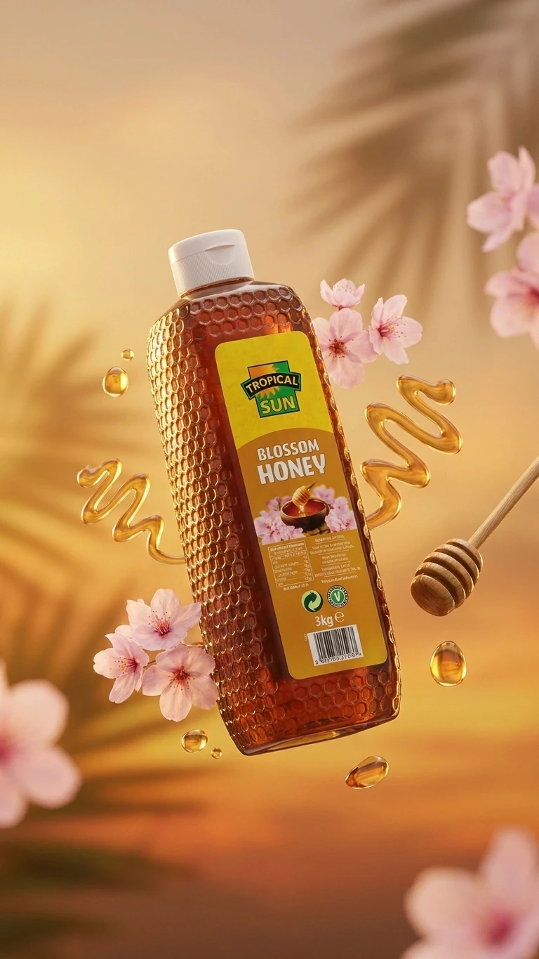Tropical Sun Blossom Honey floating with cherry blossoms and honey drizzle for mediareach creative advertising