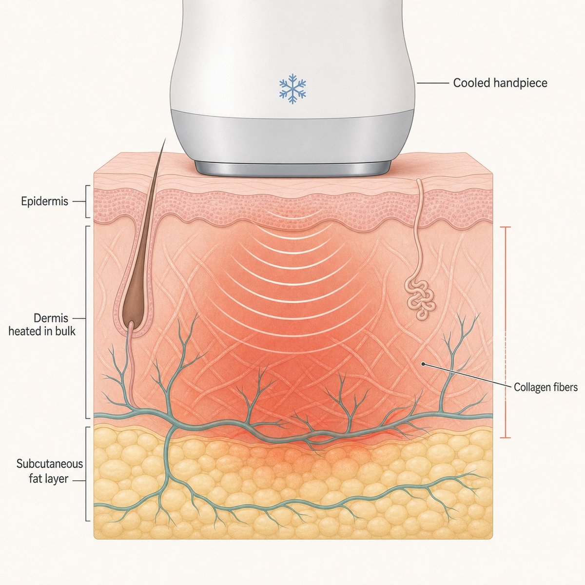 Cross-section showing how Oligio X monopolar radiofrequency heats the dermis while the skin surface stays cooled