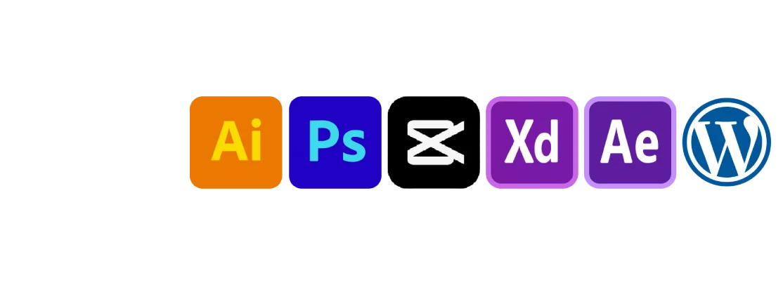 Icônes: llustrator, Photoshop, Capcut, Adobe XD, After Effect, Wordpress