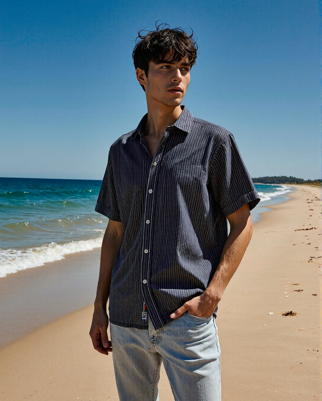 Stylish striped short-sleeve shirt and light denim outfit photographed on sandy beach with turquoise ocean and clear blue sky