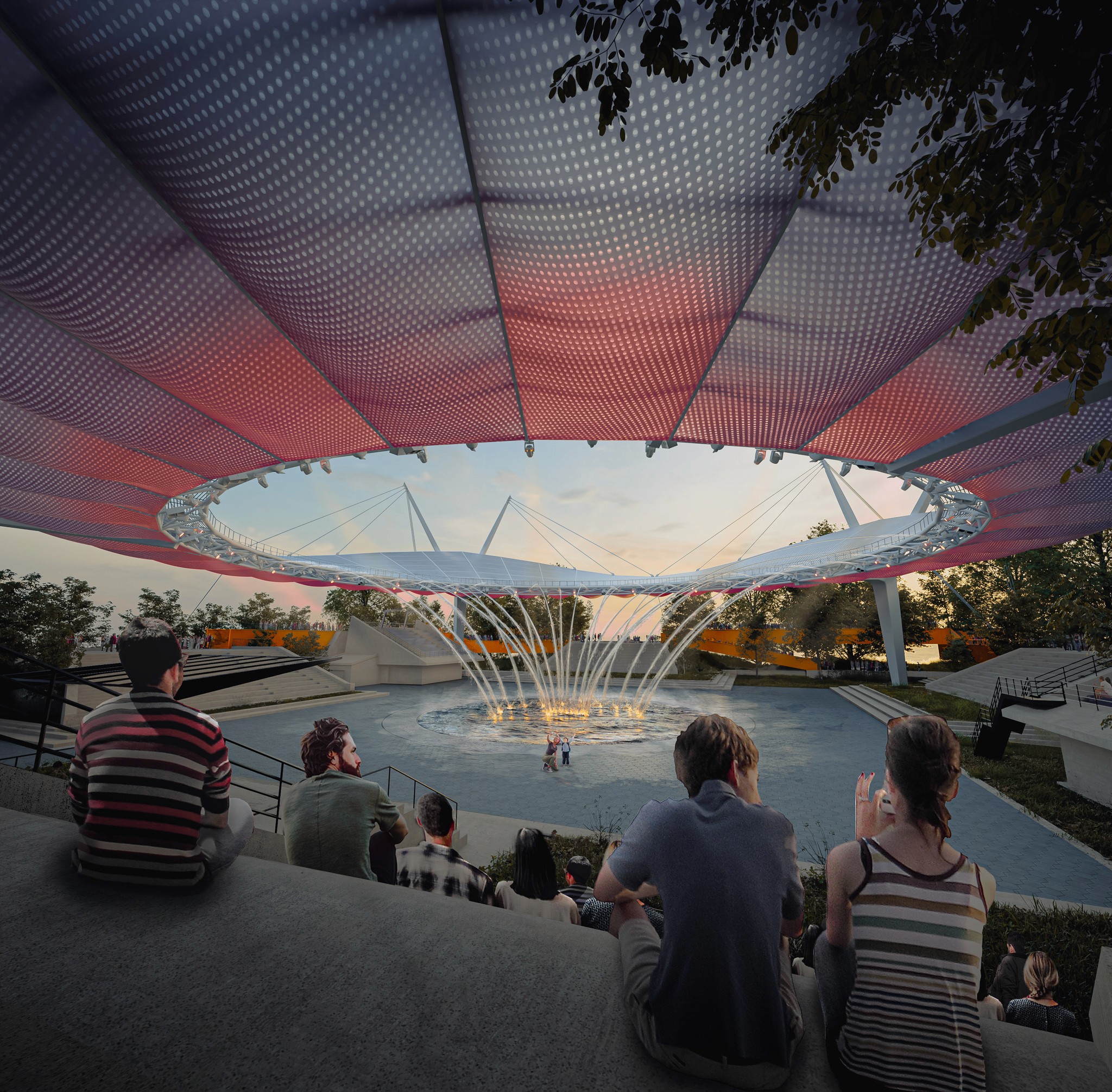 Water fountains pull from the river and activate the courtyard space.