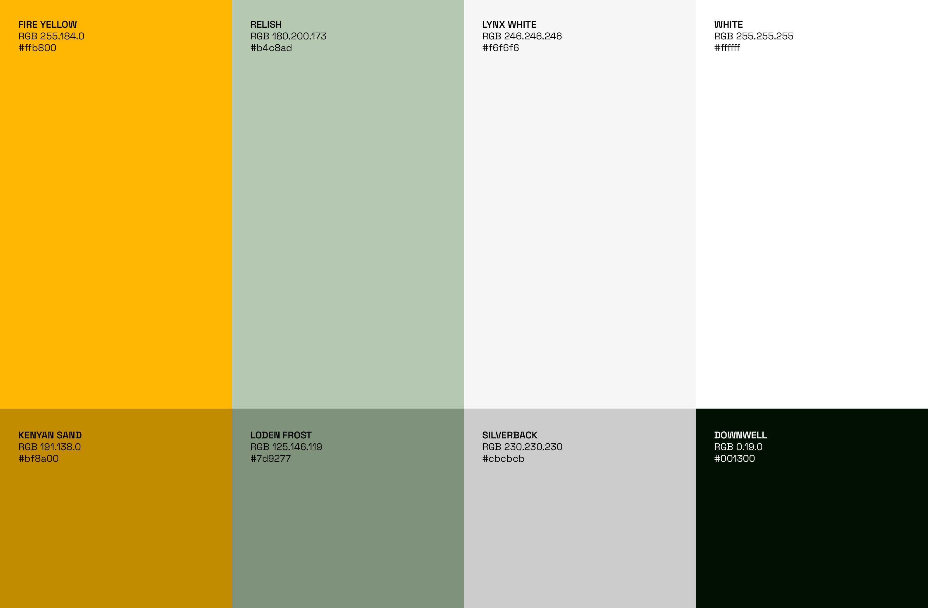 Color palette showcasing vibrant shades including Fire Yellow, Relish, Lynx White, and more, with RGB values for design applications.