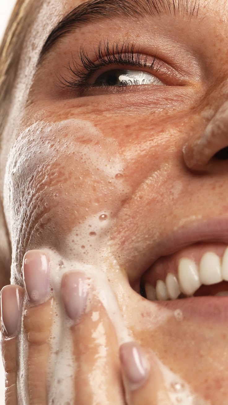 Close-up of a person smiling while applying foam or cleanser to their face.