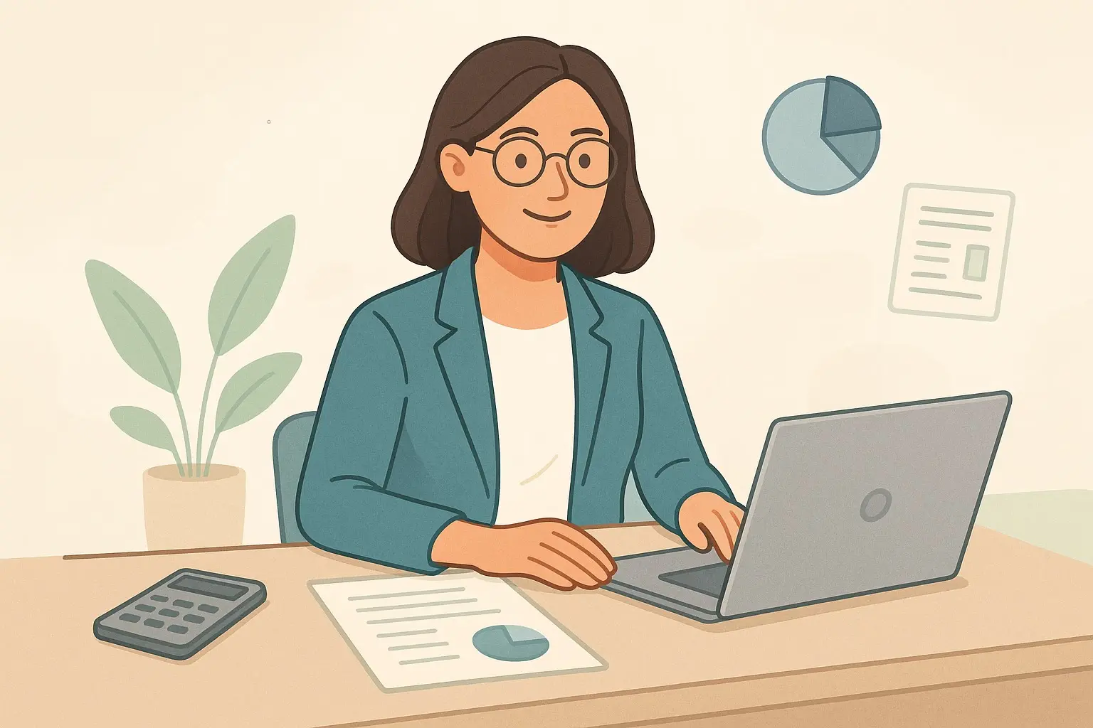 A person with glasses is sitting at a desk, using a laptop, surrounded by office supplies like a calculator, a document with a pie chart, and a potted plant, creating a professional work environment. The person is a depiction of Karen Walmsley, who works at Trident Accounting, an Accounting Firm in Miranda NSW which is a Suburb in the Sutherland Shire