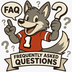 Cartoon wolf mascot with FAQ sign and question marks