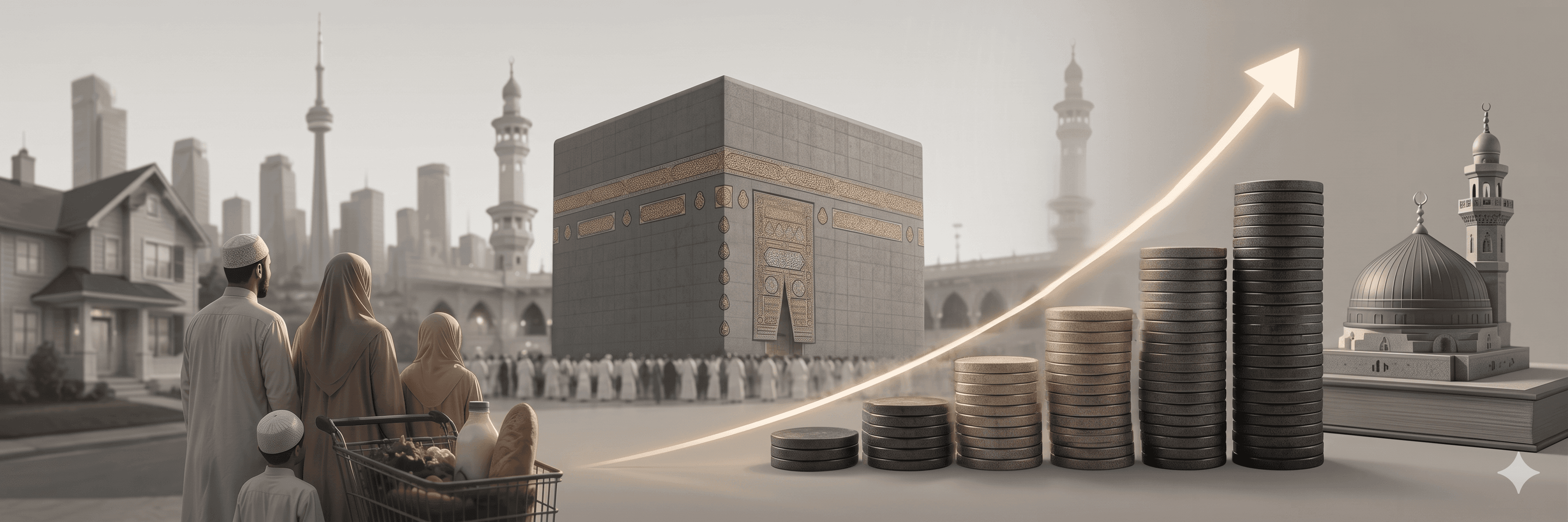 Muslim family views Kaaba alongside rising cost trend graph illustration.