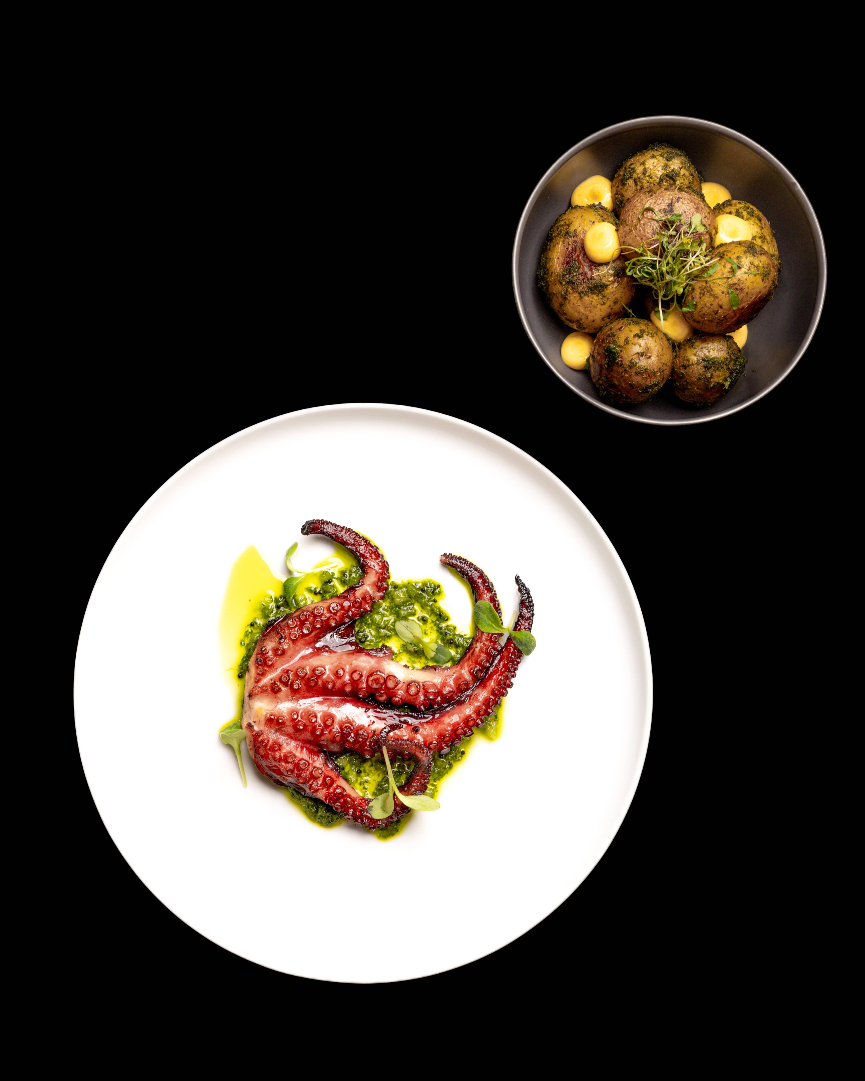 Octopus Tentacles with Green Sauce and Crush Potato with Green Sauce and Garlic Mayonnaise