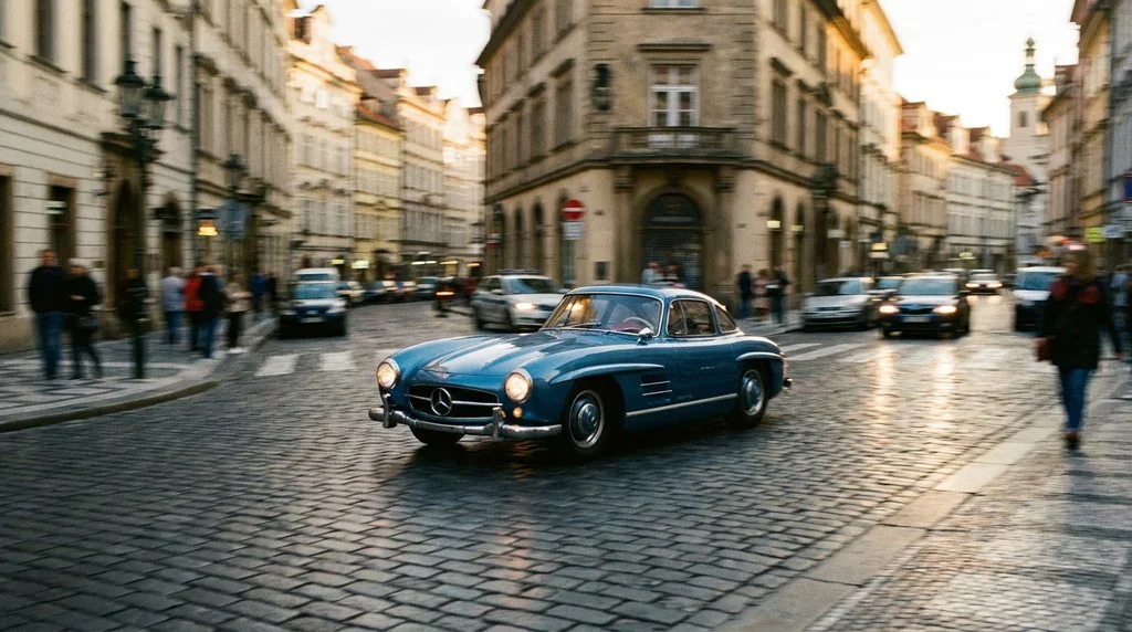 Blauer Mercedes 300SL Oldtimer auf Kopfsteinpflaster in historischer Altstadt – Klassiker Versicherung mit Agreed Value
