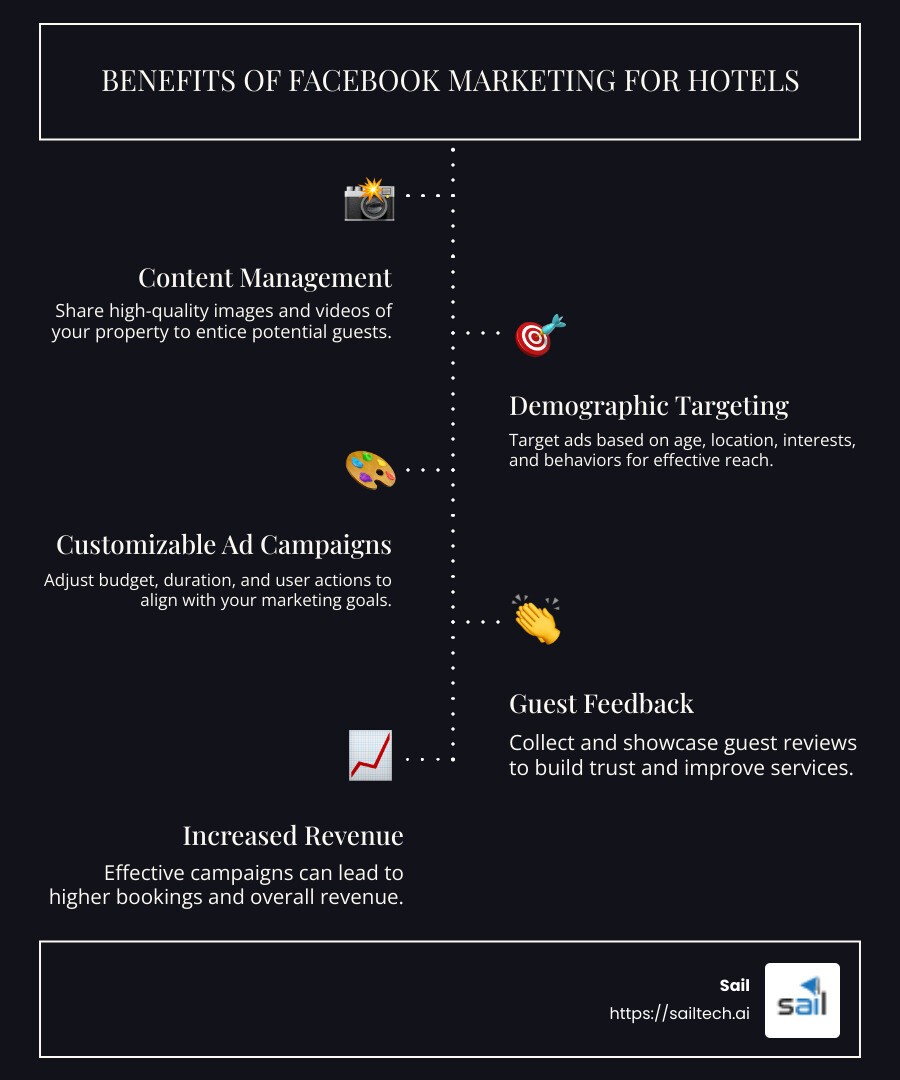 Facebook's targeting is 89% effective compared to 38% for the average online ad. - facebook marketing for hotels infographic infographic-line-5-steps-dark