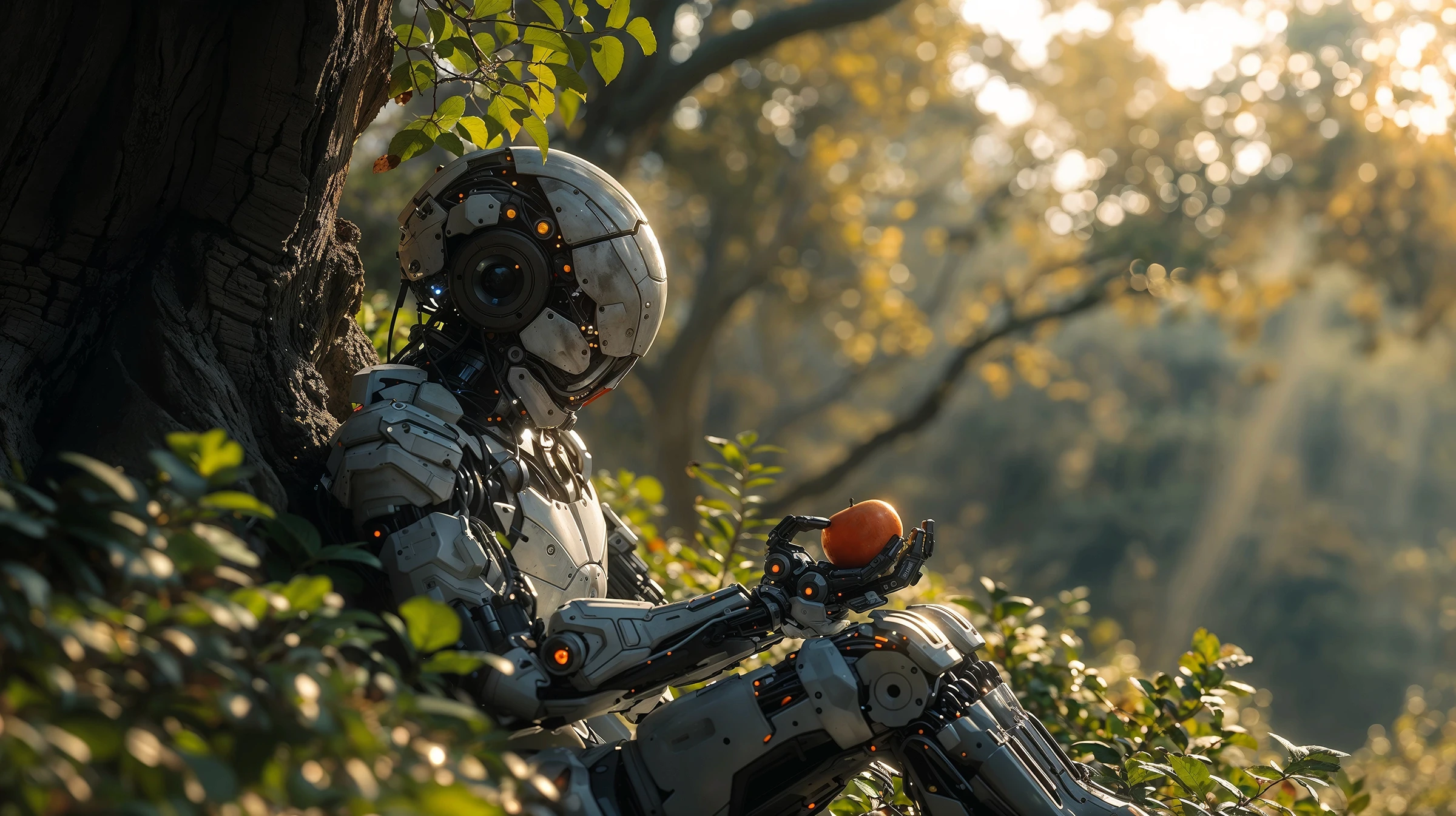 humanoid robot denkt na over de appel van Newton