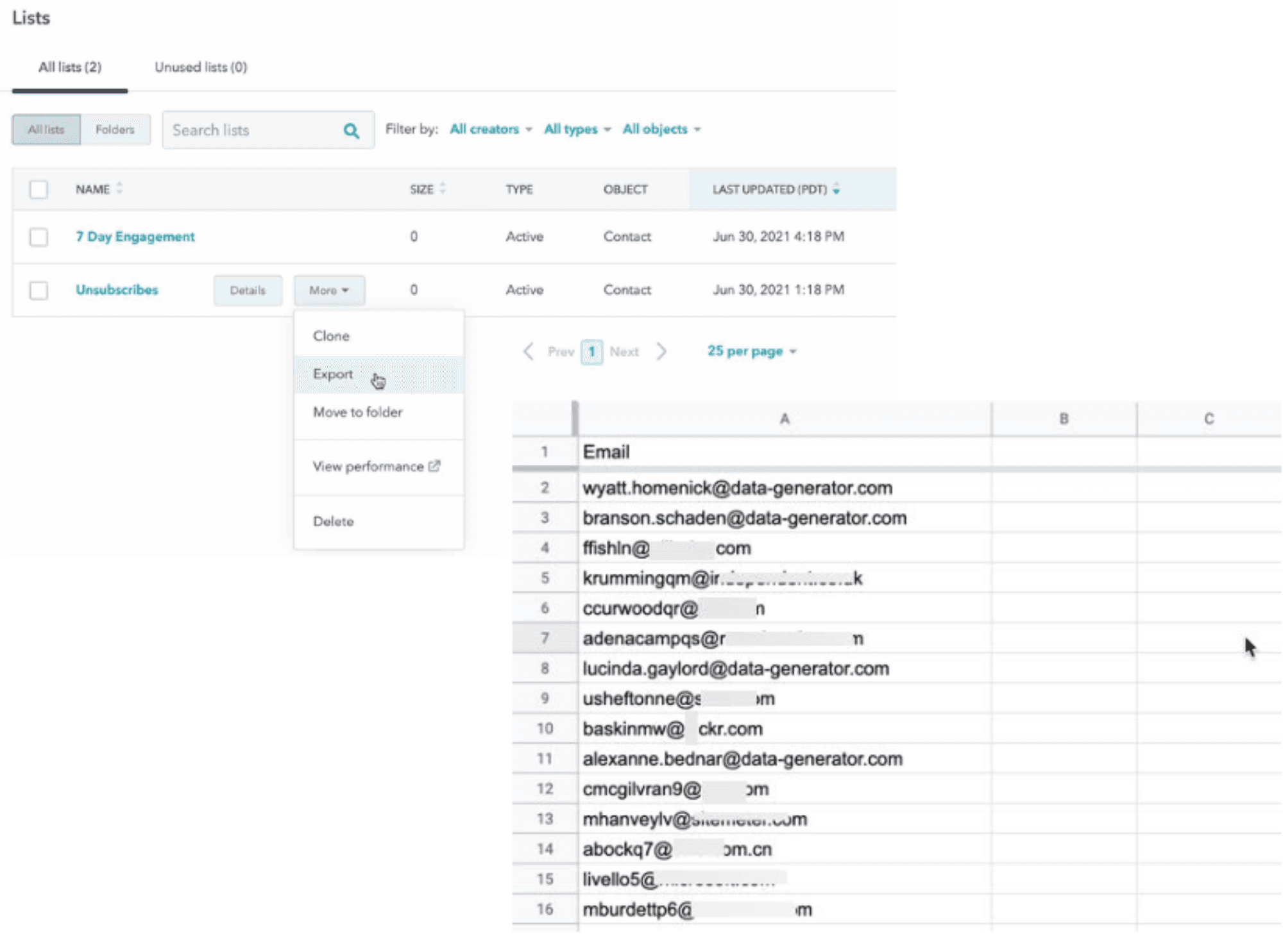 Export HubSpot Unsubscribes 2.png  Alt text: "HubSpot list creation screen filtered to show unsubscribed contacts."