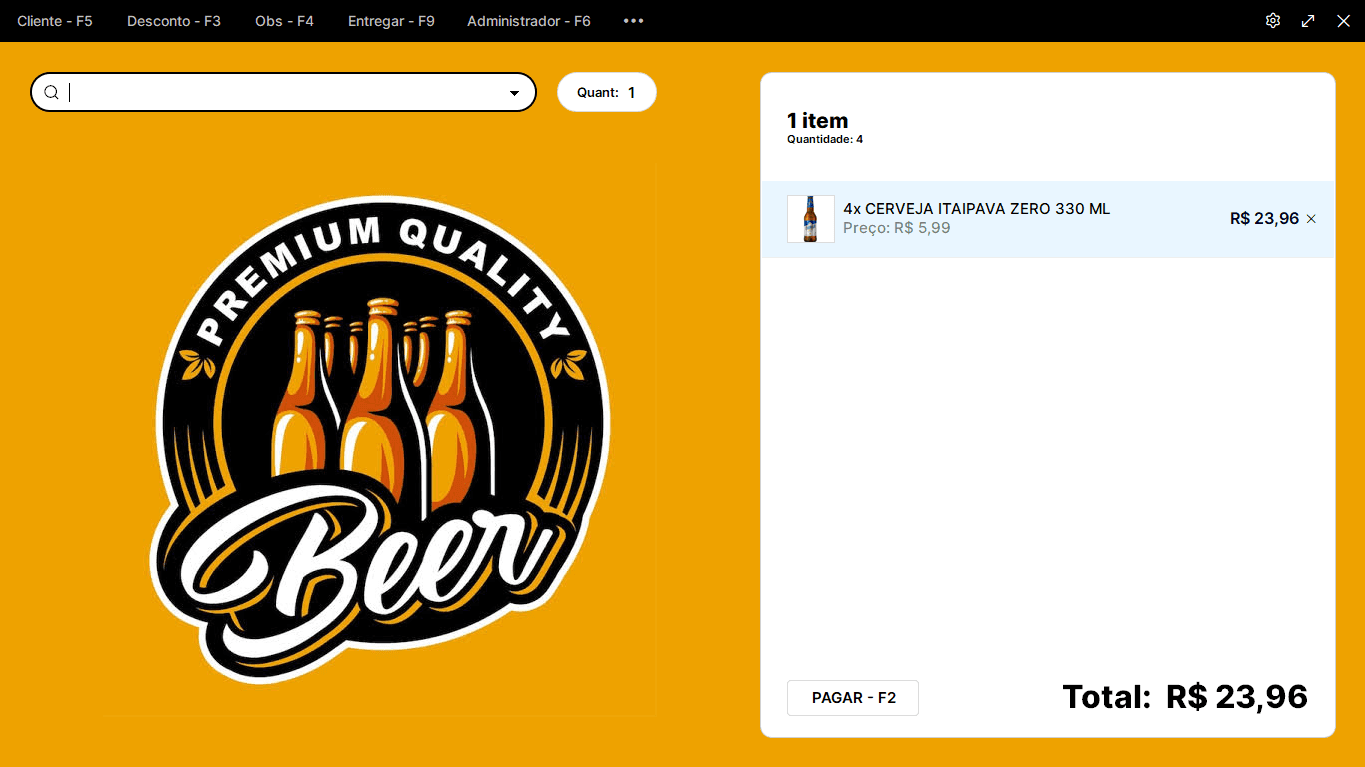 Tela de vendas do PDV do Nex com logomarca de loja de cerveja. No carrinho, há 4 cervejas Itaipava de 330 ml, totalizando uma compra de R$ 23,96.