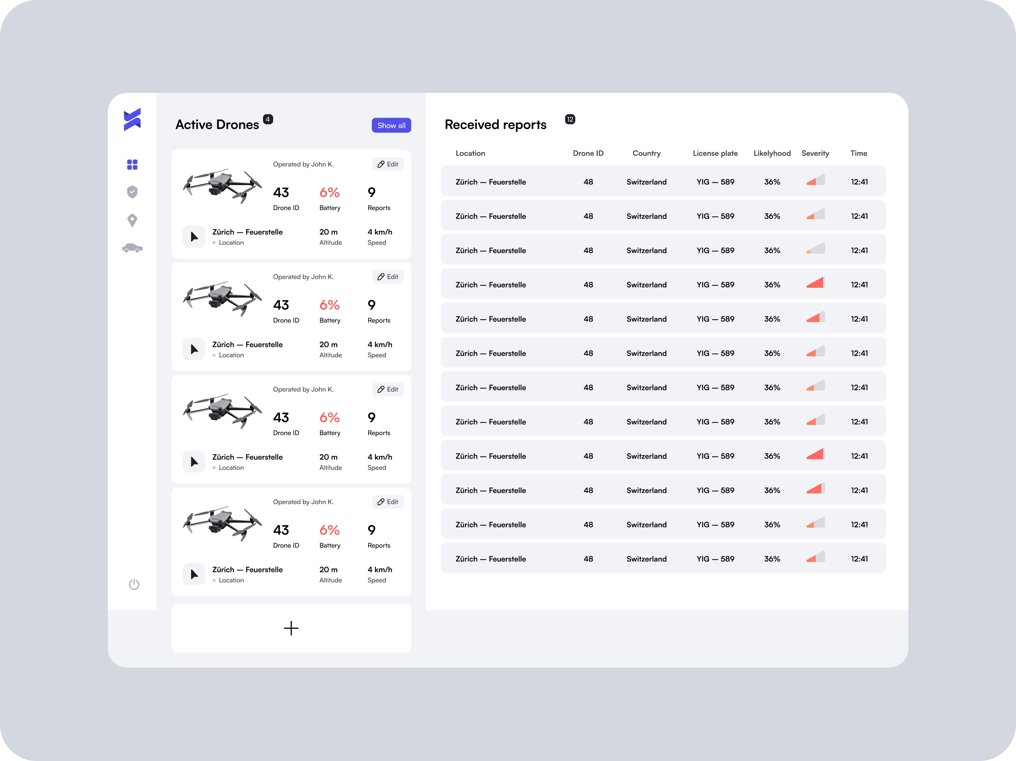 Screen showing connected drones and reports