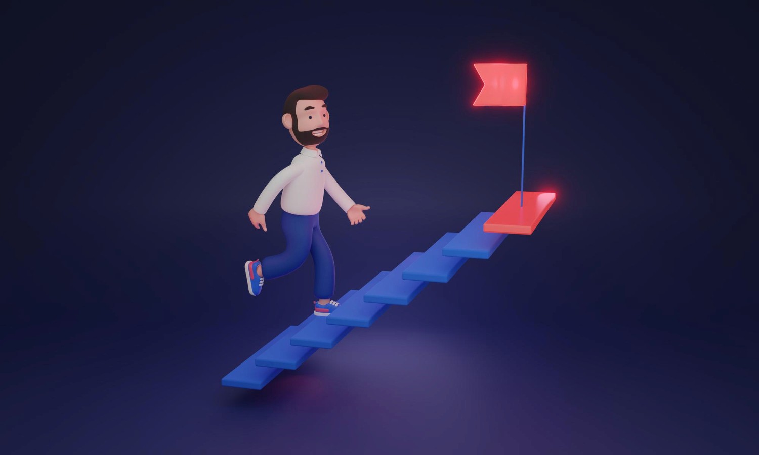 A 3D illustration depicting a man ascending a ladder while holding a flag, symbolizing achievement and ambition.