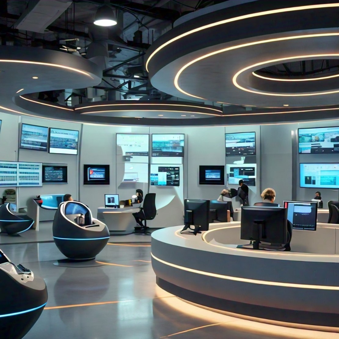 Futuristic customer service center that showcases both AI interfaces and human agents working together