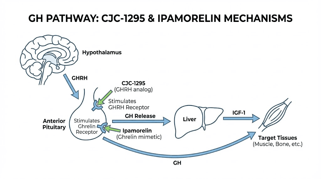Growth hormone secretagogue mechanism diagram showing how CJC-1295 and ipamorelin stimulate pituitary GH release