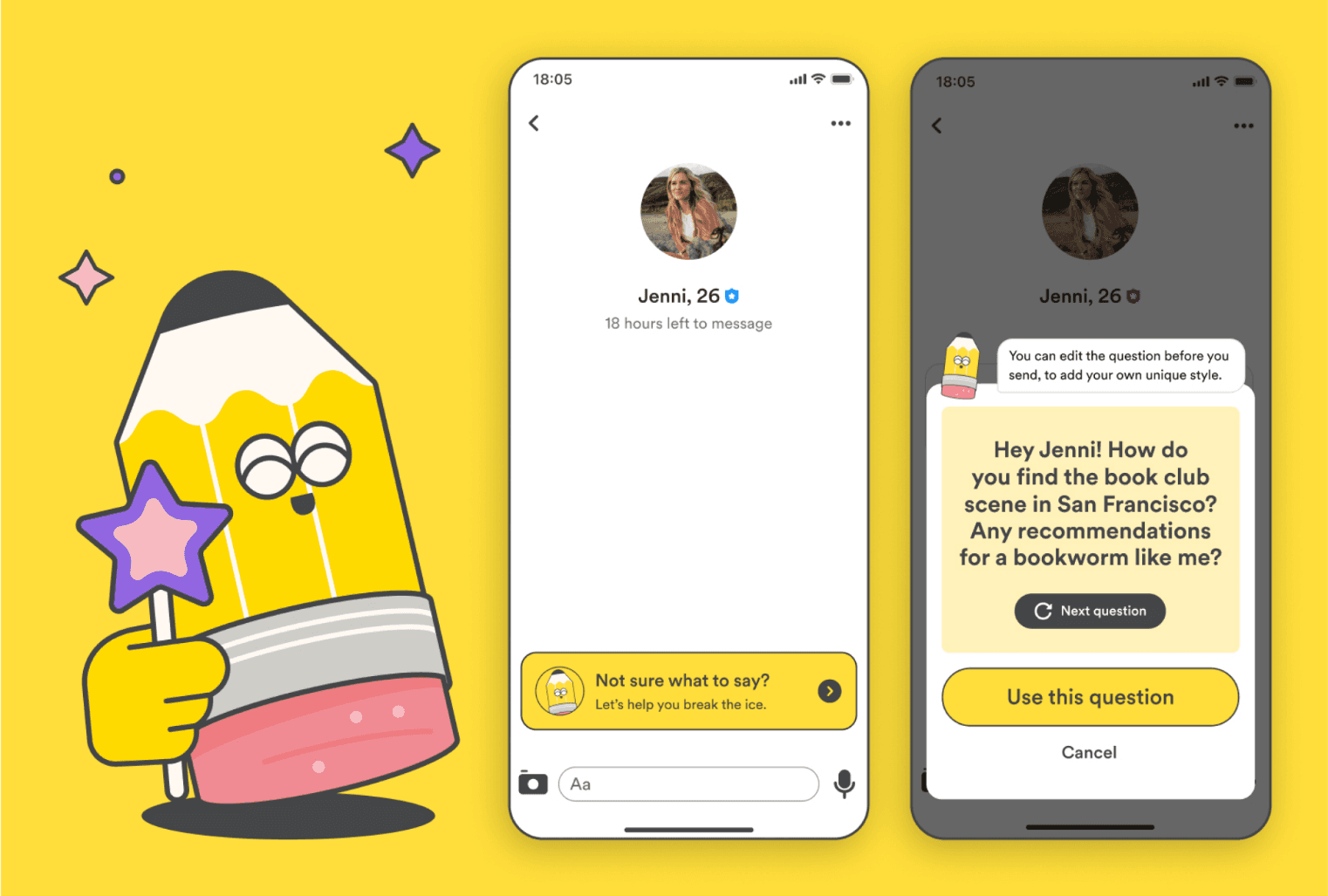cartoon pencil with magic wand next to screenshots of bumble chat