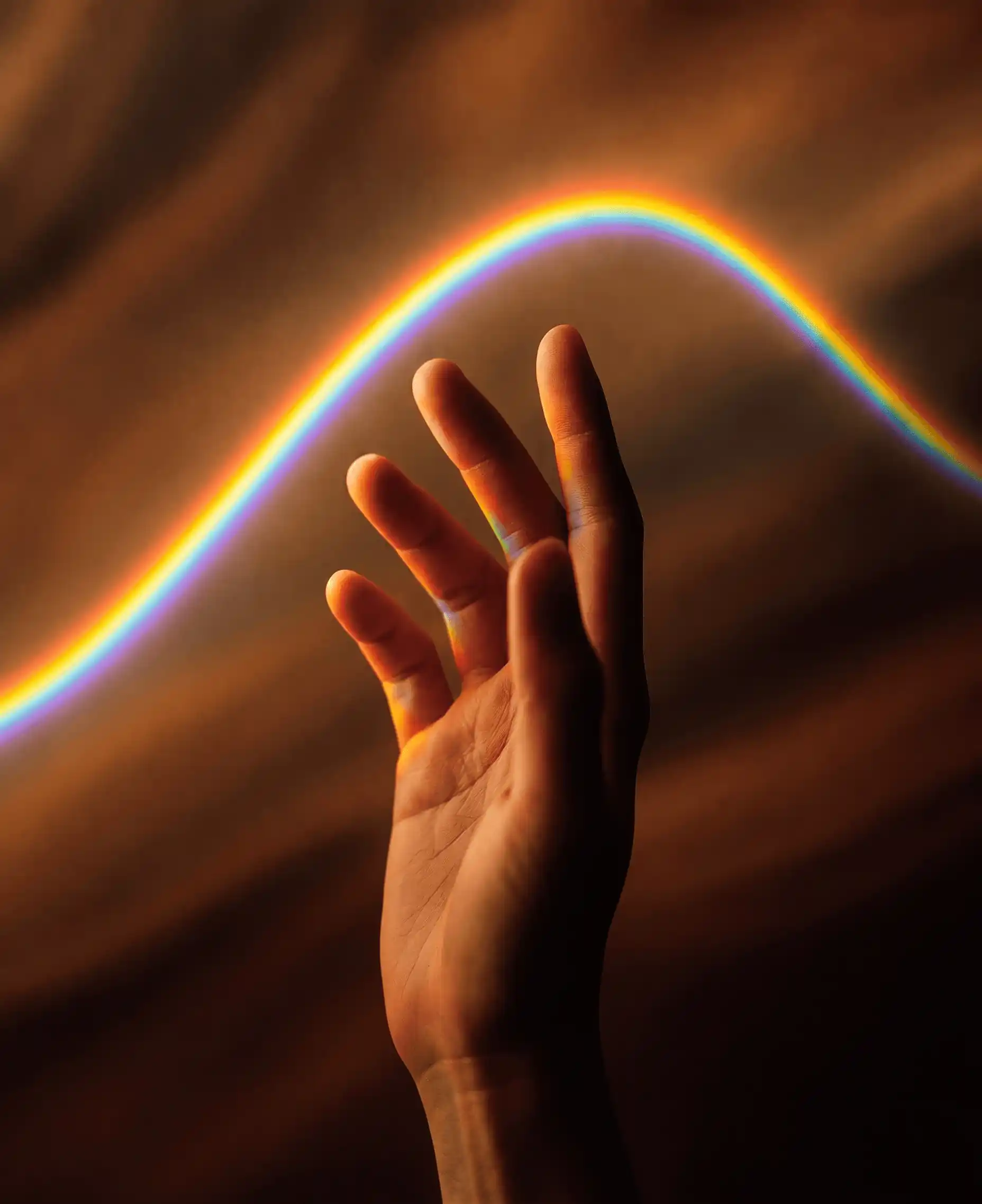 A hand reaching toward a soft arc of rainbow light in a warm, dim room