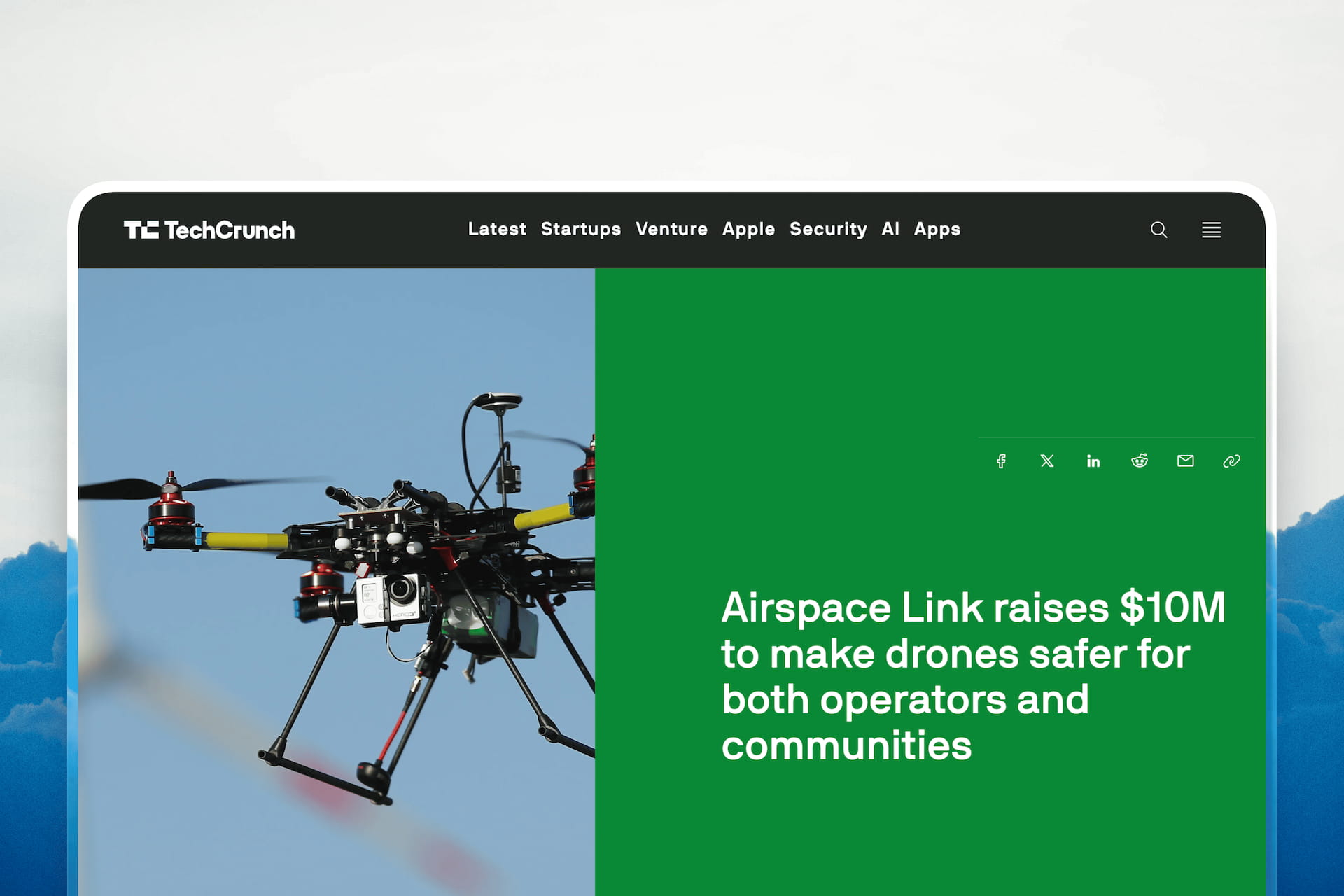 TechCrunch article screenshot announcing Airspace Link's $10 million funding round for drone safety technology, featuring close-up photo of professional multi-rotor drone with camera equipment against blue sky, published May 27, 2021 by Matt Burns