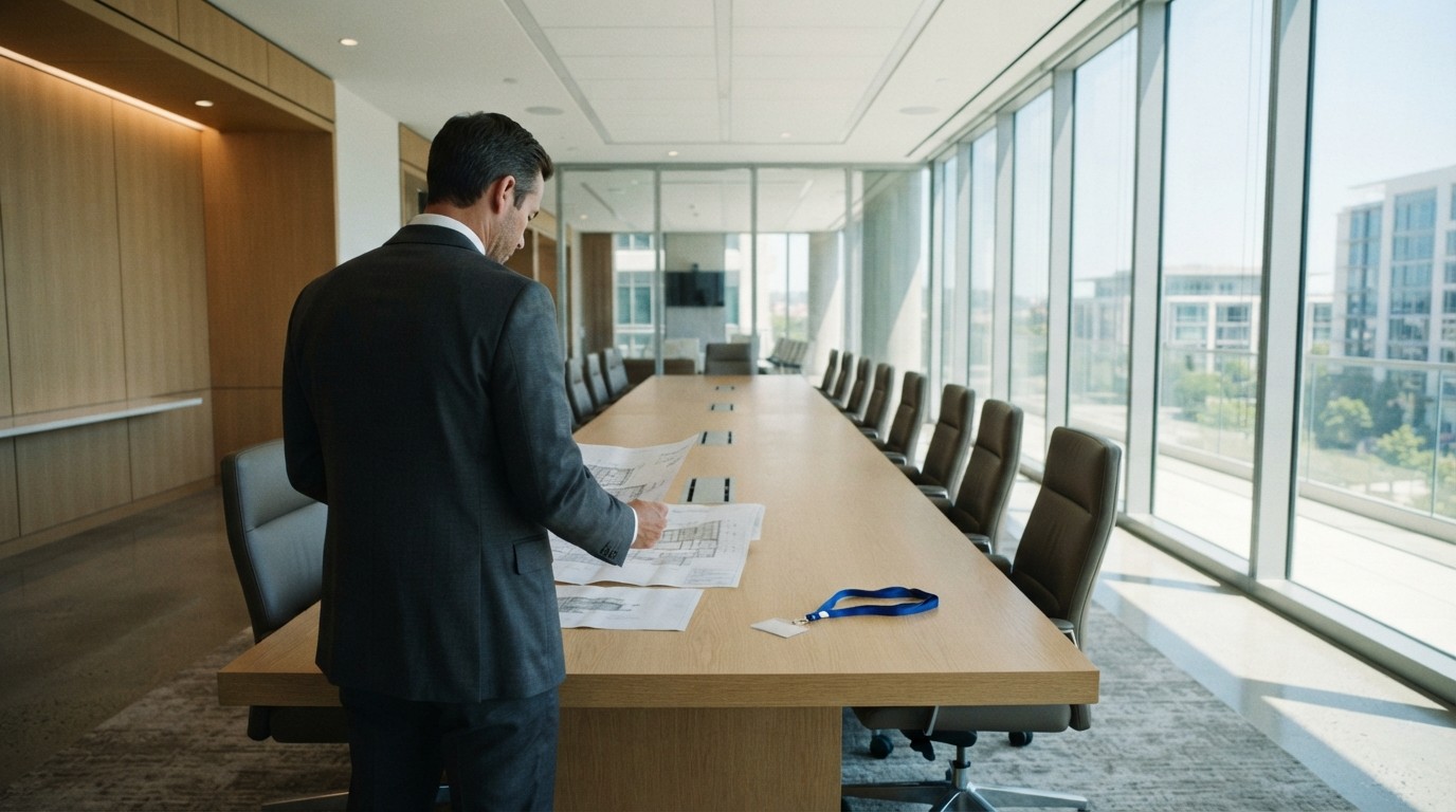 Illustrative executive reviewing a document in a quiet conference room