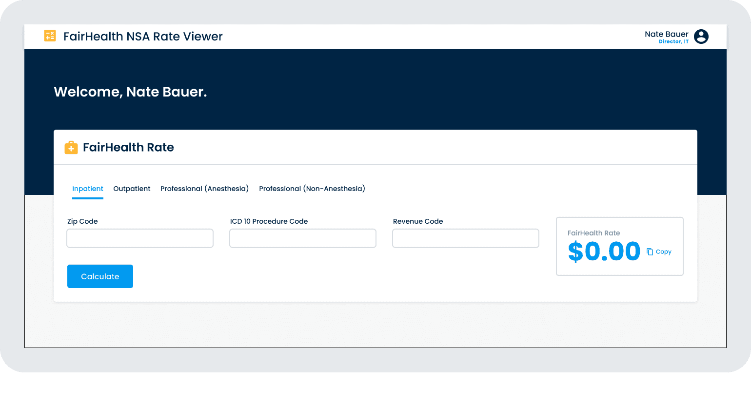 Screenshot of the FairHealth Calculator Inpatient tab.