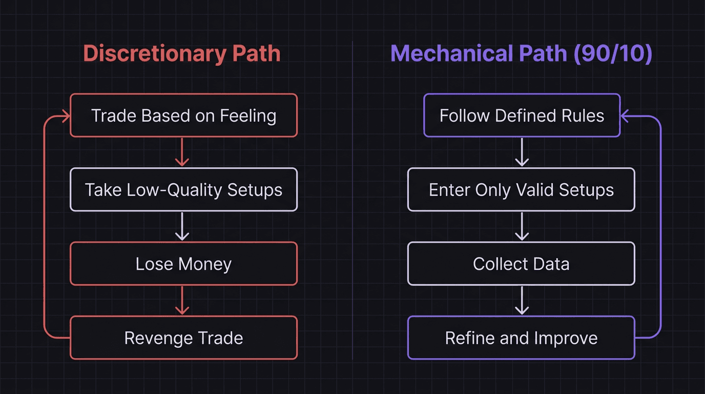 Diagram comparing the discretionary emotional cycle vs the mechanical execution path