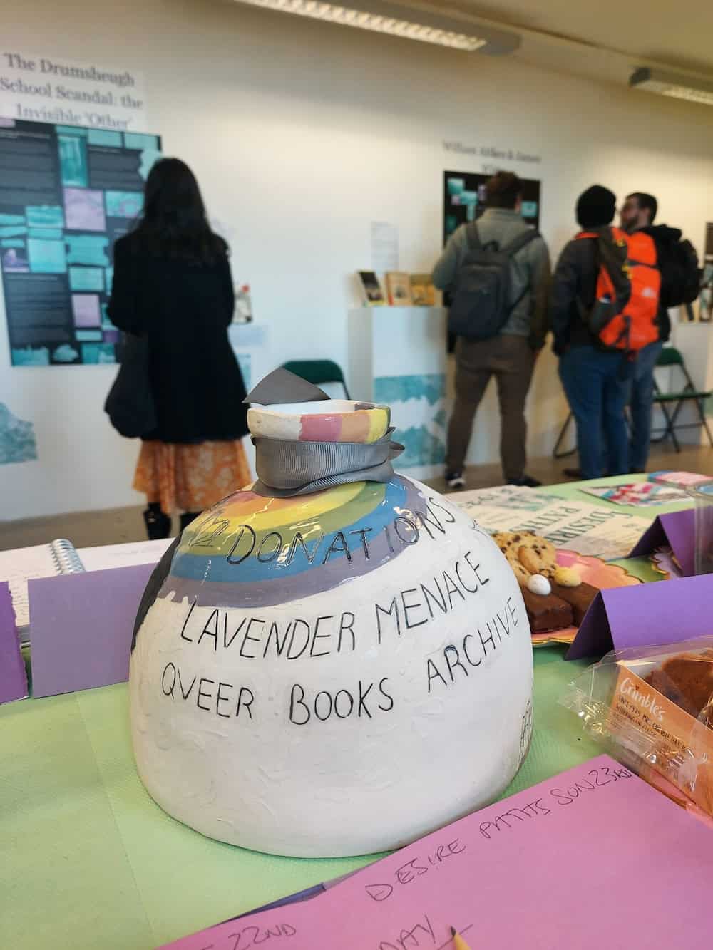 A donations jar for Lavender Menace Queer Books Archive
