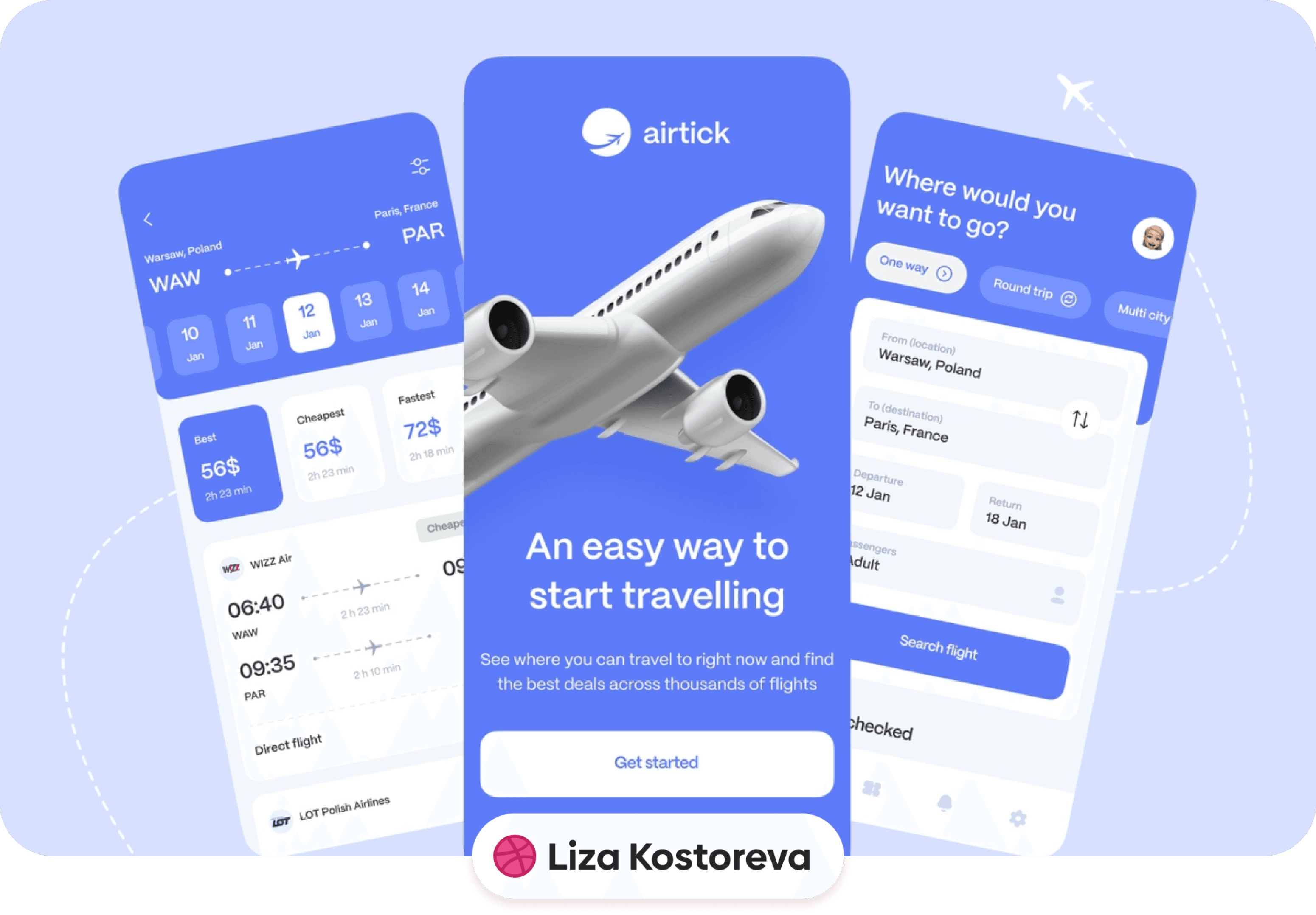 Airtick travel app UI showcasing flight search screens with a 3D airplane, date selector, destination picker, and ticket price comparison for flights from Warsaw to Paris.