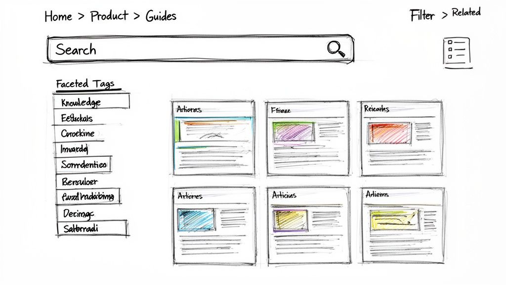Wireframe sketch of a product guide search page showing faceted tags, search bar, and content cards.